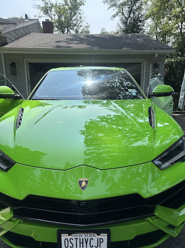 A bright green Lamborghini is parked in a driveway, facing the camera. The garage in the background and surrounding trees are reflecting off its shiny surface. The car doors are open, and a New York license plate is visible.
