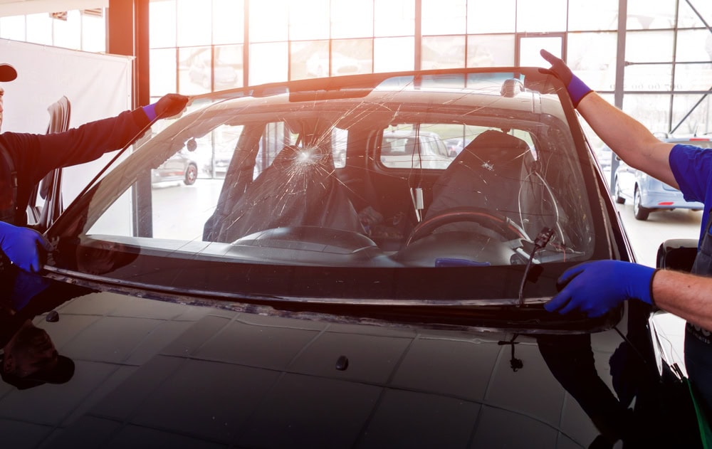 Two people wearing blue gloves remove a cracked windshield from a black car inside a sunlit garage with large windows.