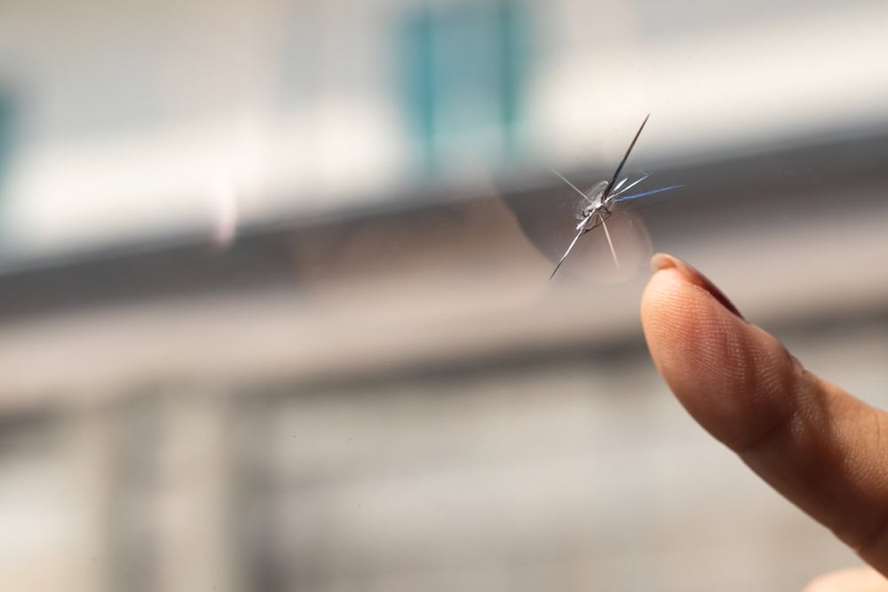 Close-up of a person’s finger pointing at a small crack or chip in a car windshield or window, with a blurred building visible in the background.